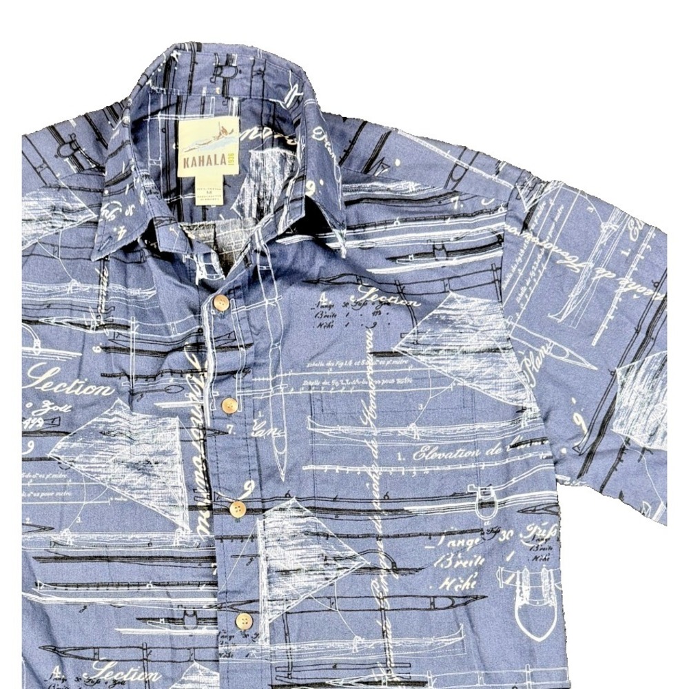 Kahala Mens Medium Blue Canoe Blueprint Hawaiian Shirt Handcrafted In Hawaii